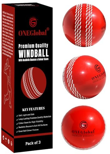 ONEGlobal Premium Windball Weiche Cricketbälle | Langlebig & sicher, farbige Naht, realistischer Sprung & Schwung | Indoor-/Outdoor-Coaching, Training, Garten & Strandspiele (3 Rot)