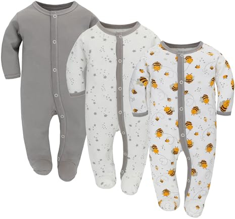 Miracle Baby Ropa para Dormir y Jugar con Pies Bebés Niña Pijama de Algodón Mameluco Niños Mono Manga Larga Trajes Pack de 3 (Gris, 68)
