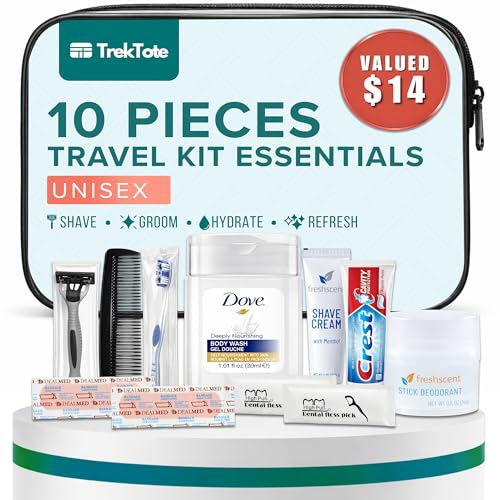 Trektote - Kit de aseo de viaje para hombres y mujeres, juego de 10 piezas de artículos de tocador de tamaño de viaje, cumple con la TSA, incluye gel de baño, desodorante, crema de afeitar y