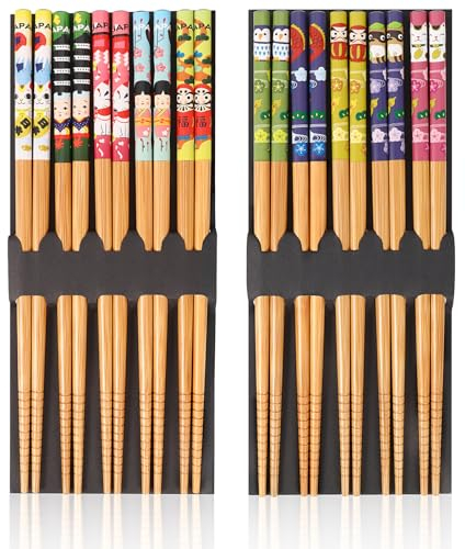 10Paia Bacchette di bambù Naturale Cinesi,Antiscivolo Bacchette Giapponesi,9 Pollici Dio delle Cinque Benedizioni Chopstick Riutilizzabile,Lavabili in lavastoviglie, Posate asiatiche per Sushi Noodles