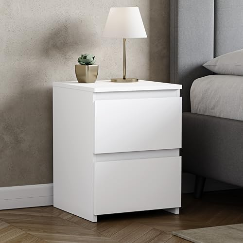Vida Designs Denver Large 2 Drawer Bedside Chest | White | Space-Saving Storage | 52H x 39.5W x 39.5D cm | Large Side Table | Minimal | Smooth Metal Runner | Modern Bedroom Nightstand Unit