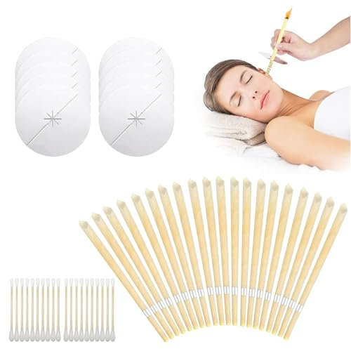 Natürliche Ohrkerzen, 50 Stück Ohrenkerzen Zur Reinigung Ohrenschmalz Set, Ohrkerzen Zur Reinigung, Ohrenschmalzkerzen mit 20 Ohrkerzen, 10 Sicherheitsfilter Schutzscheiben und 20 Wattestäbchen