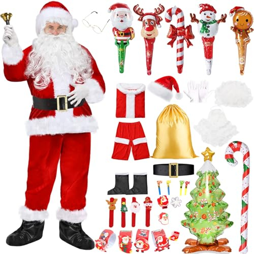 Matreeglam - Costume de Père Noël pour adultes, Costume de Père Noël pour hommes, Costume de Père Noël avec bonnet, barbe et ceinture, Costume de Noël, Costumes de carnaval pour Noël, Carnaval