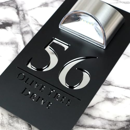 Placa solar personalizada con número de casa, placa acrílica cortada con láser, luz LED solar personalizada, para exteriores, dirección, nombre de calle, placas de puerta (negro (texto plateado), 15 x