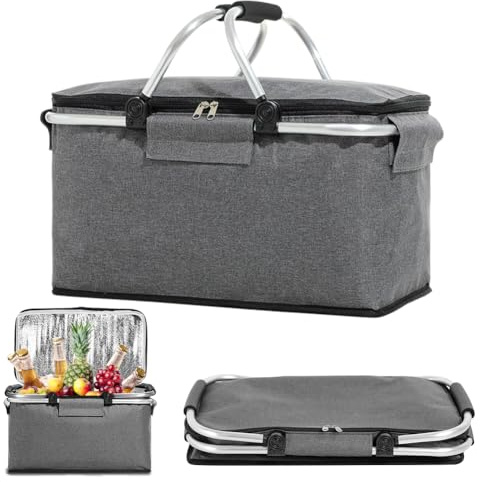 Cesta de la compra plegable de 18 litros, para pícnic, marco plegable de aleación de aluminio, con asa acolchada y aislamiento con cremallera para viajes, picnics, compras