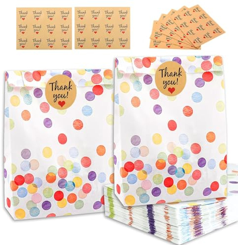 50 Bolsas de Regalo para Fiestas Infantiles, Bolsitas de Papel Resistente al Aceite con Stickers, Bolsas de Cumpleaños con Puntos Coloridos para Bodas, Fiestas, Picnics y Camping