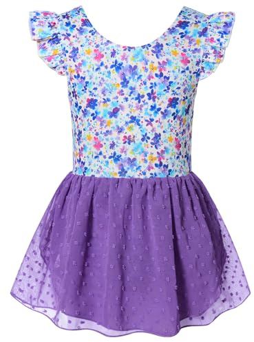 Funnycokid Ballet Leotard for Girls Dance Leotards with Skirt Toddler 4T Ruffle Sleeve Ballerina Outfit Size 4