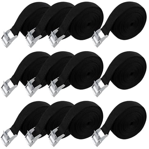 SINJEUN Set di 12 cinghie di tensionamento in materiale PP nero, 2,5 cm x 4 m, con fibbia in metallo, cinghie di trasporto per trasporto e sicurezza del carico