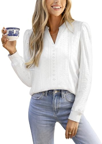 CUPSHE Top da donna con scollo a V e occhielli in pizzo a sbuffo a maniche lunghe per donne eleganti camicetta casual scava fuori camicia, bianco, M