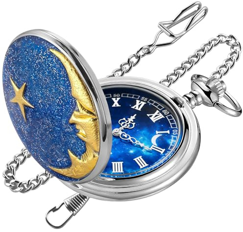 Tiong Silver Pocket Watch with Chain, Blue Starry Sky Dial, Golden Moon & Star Design Pocket Watches for Men Woman with Chain