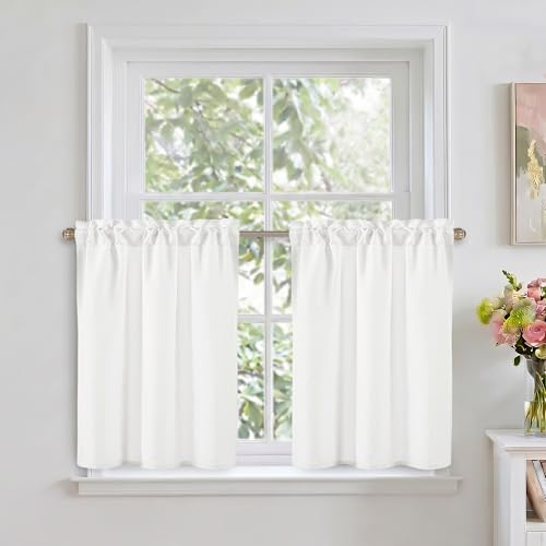 DWCN White Faux Linen Kitchen Curtains, 24 Inch Drop Cafe Curtains for Small Windows, Solid Colour Short Window Curtain Tiers for Bathroom, Cupboard, Sink, Rod Pocket, W 26 x L 24 Inch, 2 Panels
