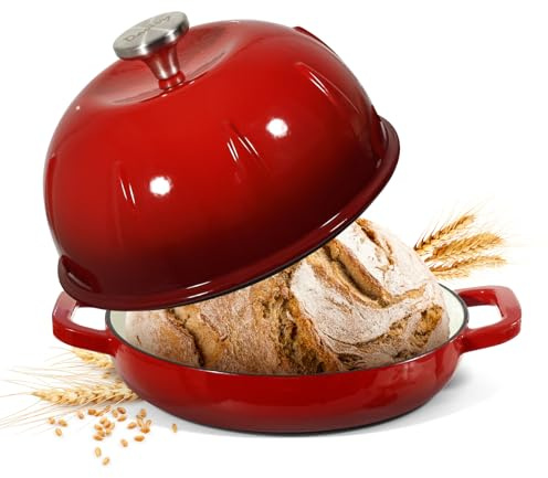 Davivy Forno olandese in ghisa smaltata per pane a lievitazione naturale, pentola olandese con coperchio a cupola, pentola per pane in ghisa, standard, rosso ciliegia
