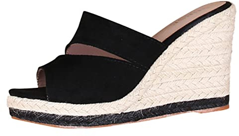Generisch Sandalias de mujer Ropa de abrigo Casual Cómodo Tacón de cuña Sandalias de mujer Sandalias de verano Faux Lady Mules Escote Espadrille Femenino Slides, Negro , 41 EU