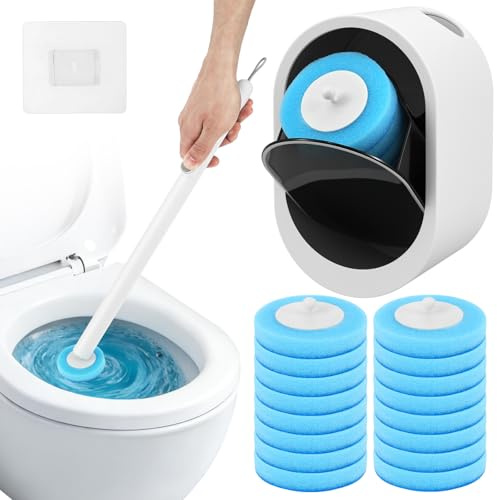 Escobilla de inodoro desechable para montaje en pared, juego de limpieza con 16 cepillos de repuesto, mango largo de 43 cm, limpieza completa de 360°, para bañera, lavabo, azulejos y baño (estilo 2)