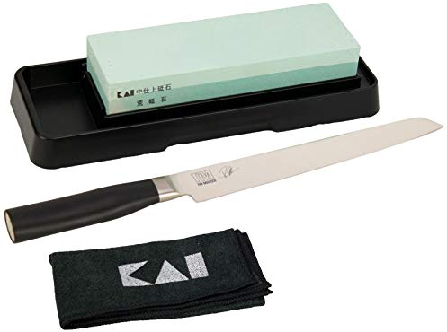 Palatina Werkstatt Kai Shun Tim Mälzer Kamagata - Coltello da prosciutto (TMK-0704) + macina combinata Kai (grana 400/1000) + panno premium di Kai