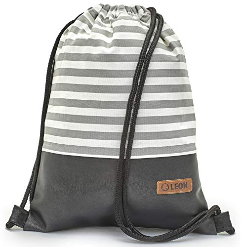 By Bers Leon großer Premium Turnbeutel mit Innentaschen Rucksack Tasche Damen Herren Teenager Gym Bag Draw String 45x34cm für Reise Alltag Einkauf (Streifengrau_schwPU)