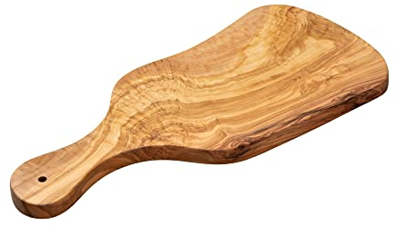 Erreke Tagliere in Legno d'ulivo Naturale, Tagliere da Cucina in Legno, Pezzo Unico, Tagliere Grandi per Servire, Tagliare, Carne Barbecue Salsicce Formaggio Prosciutto Pane (39x18 cm con Manico)