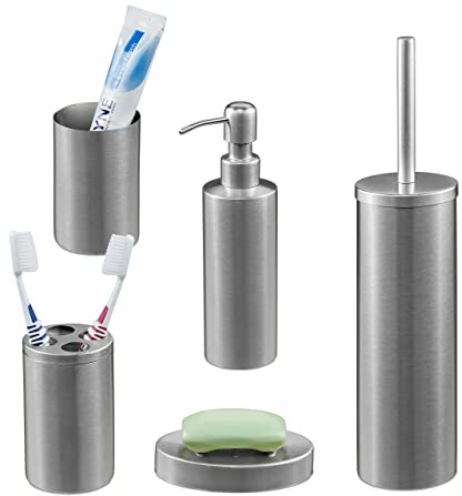 Relaxdays Badezimmer Set, 5-teilig, Badaccessoires Edelstahl gebürstet, komplette Badezimmerausstattung, modern, Silber