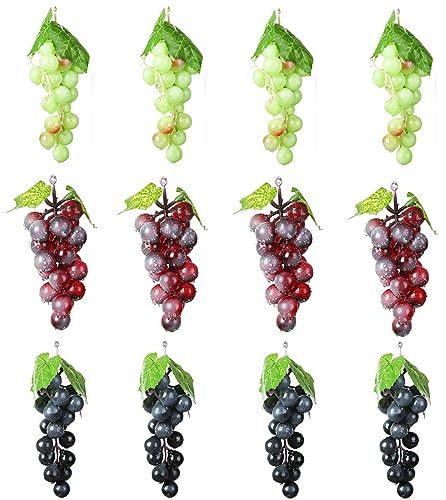 Molyorch 12 Stück Kunststoff Weintrauben, Künstliche Weintrauben, Weintrauben Deko, für Weindekoration, Künstliche Fruchtstützen, Gartenbüro (Grün&Fuchsia&Schwarz)