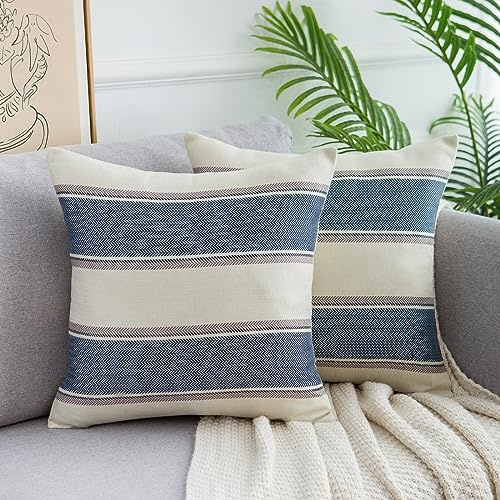 DakTou 2 stycken örngott moderna ränder soffkuddar örngott prydnadskuddar bondgård örngott kvadratiskt hem dekoration linne örngott för soffa kontor soffa stol sovrum 50 x 50 cm blå