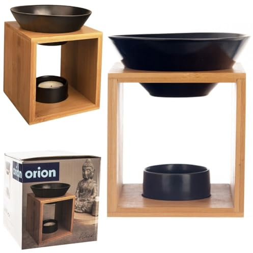 Duftkamin Ölbrenner Duftbrenner für Duftöle aus Porzellan und Bambus schwarz 12x11x14 cm