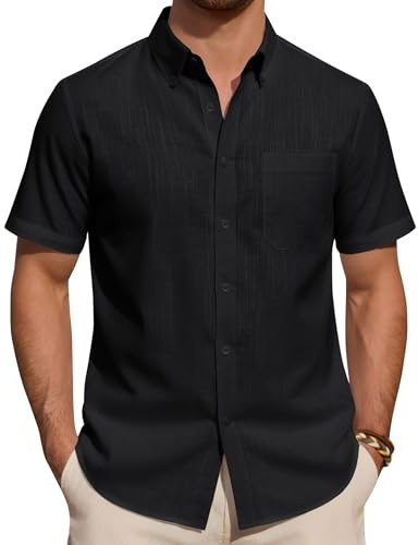 J.VER Mens Linen Shirts Short Sleeve Black Summer Regular Fit Smart Casual Lightweight Holiday Beach Button Down Shirt M