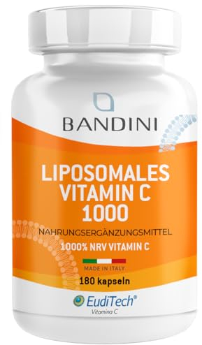 Bandini® Vitamina C Liposomiale 1000mg, 3 mesi, Vegana | Vitamine 100% Vegan ad Alto dosaggio | Sistema Immunitario, Ossa, Cartilagini, Pelle, Denti, Stanchezza | Vit Pura Acido Ascorbico 180 capsule