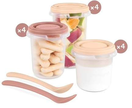 Miniland Set 12 Hermisized Valencia. Confezione da 12 graduati ermetici (200, 250 e 330ml) e due cucchiai, sicuri, resistenti e adatti a lavastoviglie, microonde e freezer. Collezione Valencia.