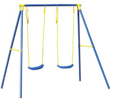 Altalena Gioco per Bambini a Due Posti - Altalena da Esterno con Sedute Regolabili e Piedini Antiscivolo, Ideale per Giardino e Terrazzo, Blu, in Metallo Antiruggine, 209x142x182 cm