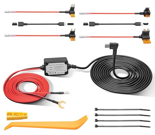 EWAY Kit de cable duro 3 en 1 micro USB y mini USB tipo C para cámara de salpicadero de coche, cable de alimentación de carga de 12 V-24 V a 5 V con protección de bajo voltaje, cargador de cámara de