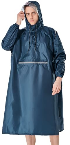 ANYOO Poncho de Pluie Imperméable Léger avec Manches Réglables, Cape de Pluie Portable avec Poche Multi-usage pour Femmes Hommes Randonnée en Plein air Cyclisme, Bleu océan, Taille unique