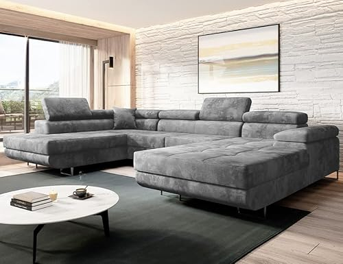 Easy4You Grau Ecksofa Varberg Velours in U-Form 345 x 72 x 205 cm mit Schlaffunktion und Bettzeugbehälter - Schlafsofa mit Bettkasten - Eckcouch mit Stauraum - Stoff: Monolith 85