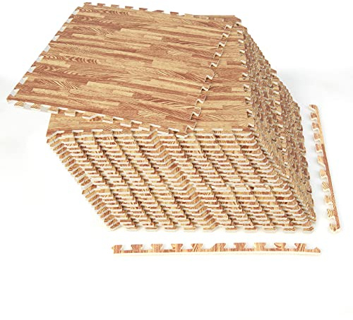GOPLUS Alfombra Puzzle EVA de Efecto Madera 12 Piezas, 61 x 61 cm, Suelo Gimnasio Gruesa Antideslizante Cubre 4,5 m², Alfombra de Protección para Fitness