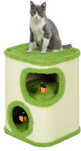 PawHut Kratztonne, 52 cm hoch Katzentonne mit 2 Höhle, Kratzbaum mit Marienkäfer-Spielzeug, Katzenturm aus Sisal, Katzenhöhle Katzenhütte für Katze bis 5 kg, Grün+Cremeweiß