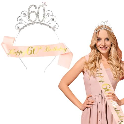 GVEYIQK 60 Compleanno Corona e Fascia, Happy 60 anni Donna Strass Corona Diadema e Fascia, per Accessori Decorativi per Feste per Ragazze