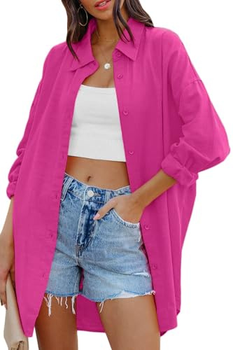 Cicy Bell Blusa para mujer oversized de manga larga con botones, camisas de algodón, parte superior casual de color sólido, camisetas de otoño, tops holgados con bolsillos, Rosa., XXL
