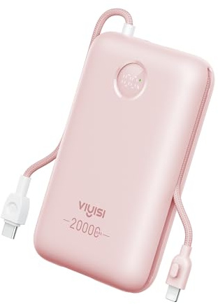 VIYISI Externt batteri 30 W ultrasnabb laddning 2 0 000 mAh inbyggda kablar | Power Bank USB C kompakt bärbart batteri för iPhone 17 16 15 14 13 12 11 Samsung S24 S23 S22 Fold 5 (rosa)