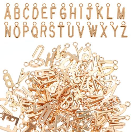 Nogeqi 156 ciondoli a forma di lettera dorata, con lettere maiuscole, lettere piccole, con 200 anelli di piegatura, in oro, per bracciale, collane, gioielli, fai da te