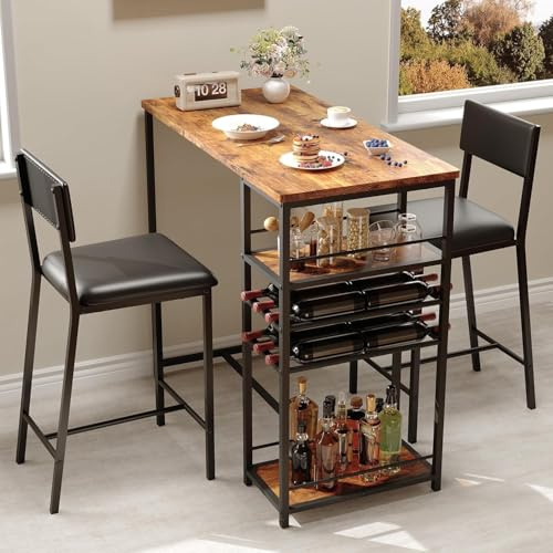 Cachpib 3 Pieces Bar Table Set, Metal Frame Dining Table and 2 Stools, Breakfast Dining Furniture Sets with Wine Racks and Open Shelves for Home Kitchen Pub Cafe
