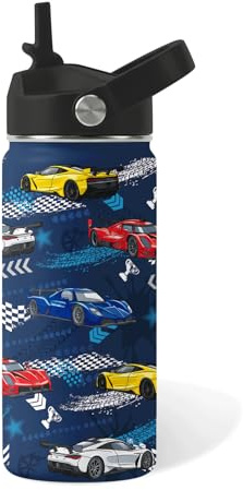 Racing Car Gifts for Boys - 16oz Kids Water Bottle with Straw Lid, Stainless Steel Insulated Bottle, Leak Proof, BPA-Free, Racing Car Water Bottles for Kid School, Cars Children Birthday Gift Cup(1pc)
