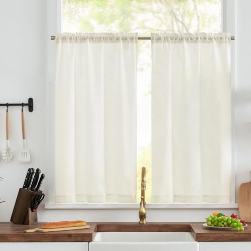 TOPICK White Kitchen Curtains 45 Inch Drop, Linen Look Cafe Curtain W36xL45 | 2 Panels, Rod Pocket Light Filtering Privacy Drapes, Half Window Curtain Tiers for Bedroom, Living Room, Cupboard Base, Sink