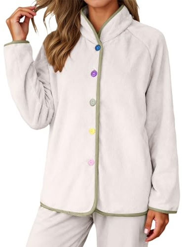 Zanisouta Vestaglia da donna spessa camicia in flanella pigiama invernale in peluche biancheria da notte comoda e morbida giacca invernale abbottonatura frontale giacca in pile con colletto alto