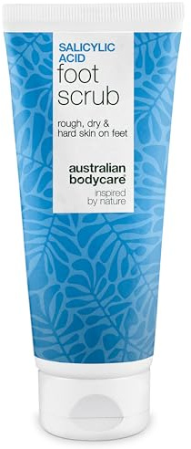 Exfolierande fotskrubb för hälsprickor, liktornar & torra fötter – AHA/BHA-peeling med glykolsyra + salicylsyra och aprikoskärnor, avlägsnar döda hudceller och mjukgör fötter och hälar