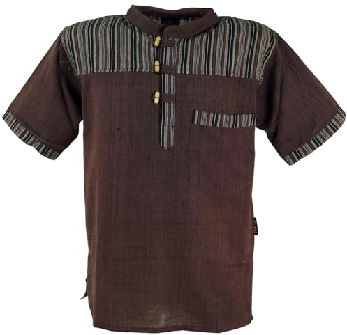 GURU-SHOP, Camisa de Pescador de Nepal, Camisa de Manga Corta Goa Hippie Rayada, Café, Algodón, Tamaño:XL, Camisas de Hombre