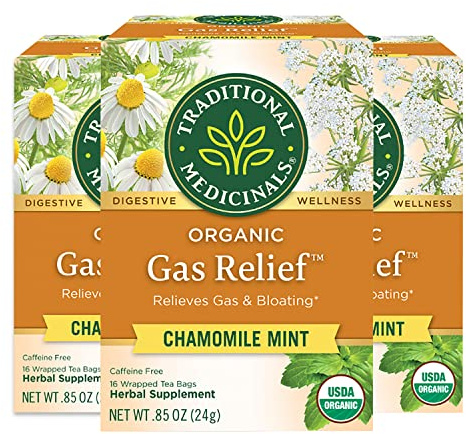 Traditional Medicinals Organic Gas Relief Chamomile Mint Herbal Tea, Relieves Gas & Bloating, (Pack of 3) - 48 Tea Bags Total