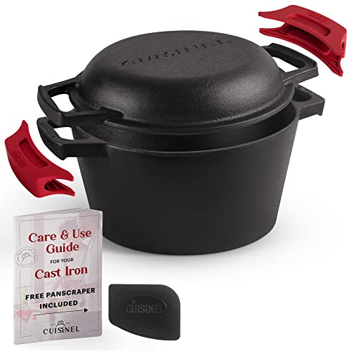 Cuisinel Cast Iron Dutch Oven - 3-Quart Deep Pot - Pre-Seasoned 2-in-1 Multi-Cooker - Combo Lid Doubles as 8-inch Skillet + Silicone Handle Covers + Scraper - Use for Baking Bread. PFAS and PFOA-free