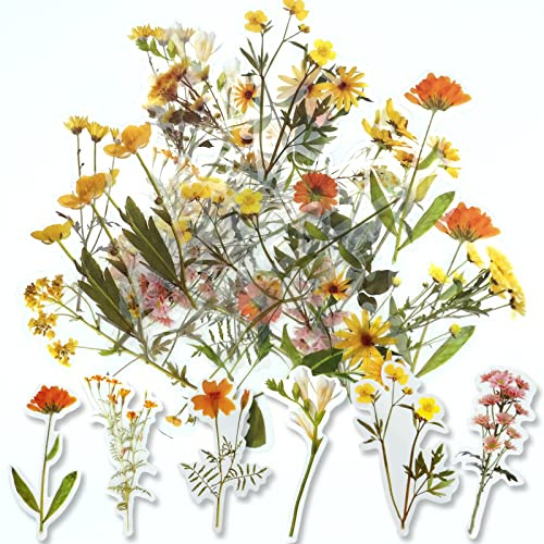 ExceLife Retro Floral Stickers Set, Self-Adhesive PET Transparent Waterproof Flower Stickers for Scrapbooking, Journal, Album, Phone Case, Laptop, Card Making, 40Pcs (Yellow)