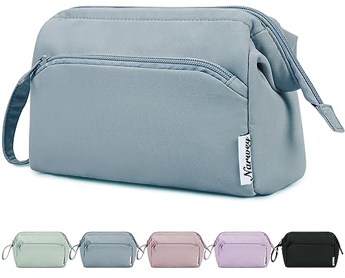 Narwey Wide-open Makeup Bag Women Make up Bag Travel Cosmetic Bag Organizer Toiletry Bag for Cosmetics Toiletries Accessories (Greyish Blue)