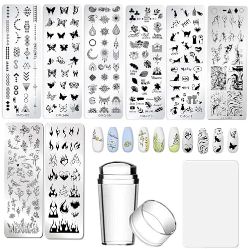 AddFavor Nail Stamper Kit 8pcs Stamping Plates Minimalist Geometric Lines Leaf Image Template for DIY Decorating Polish Gel Plate Print Stamper Manicure Stencils Tools (Mixed-Style D)