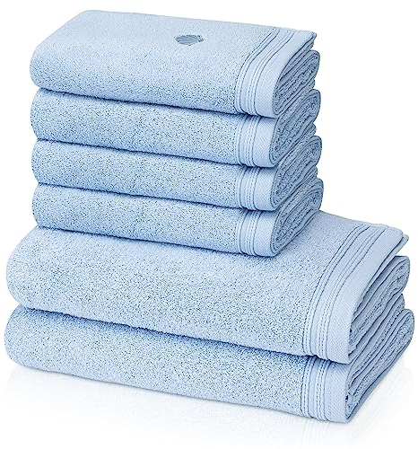KLASBROOK® Linnea 6 teiliges Luxus Handtücher Set Hellblau, extra flauschig und saugfähig aus 100% Baumwolle Oeko-TEX 100 Zertifiziert mit Aufhänger, 4 Handtücher 50x100 + 2 Badetücher 70x140